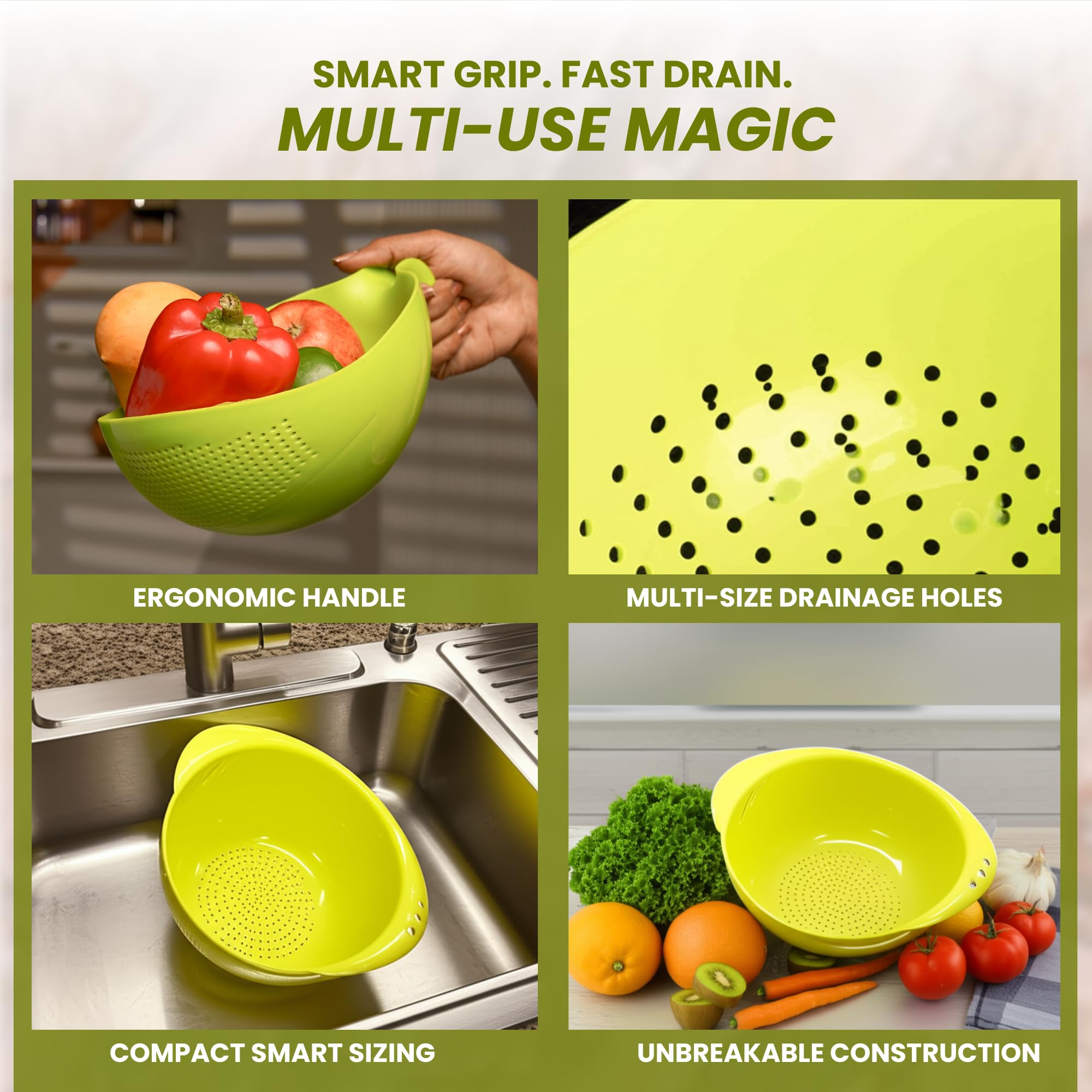 Clazkit Food Strainer Colander, Fruit Basket, Pasta Strainer, Vegetable Strainer, Kitchen Sieve, Washing Bowl, Unbreakable, (Col